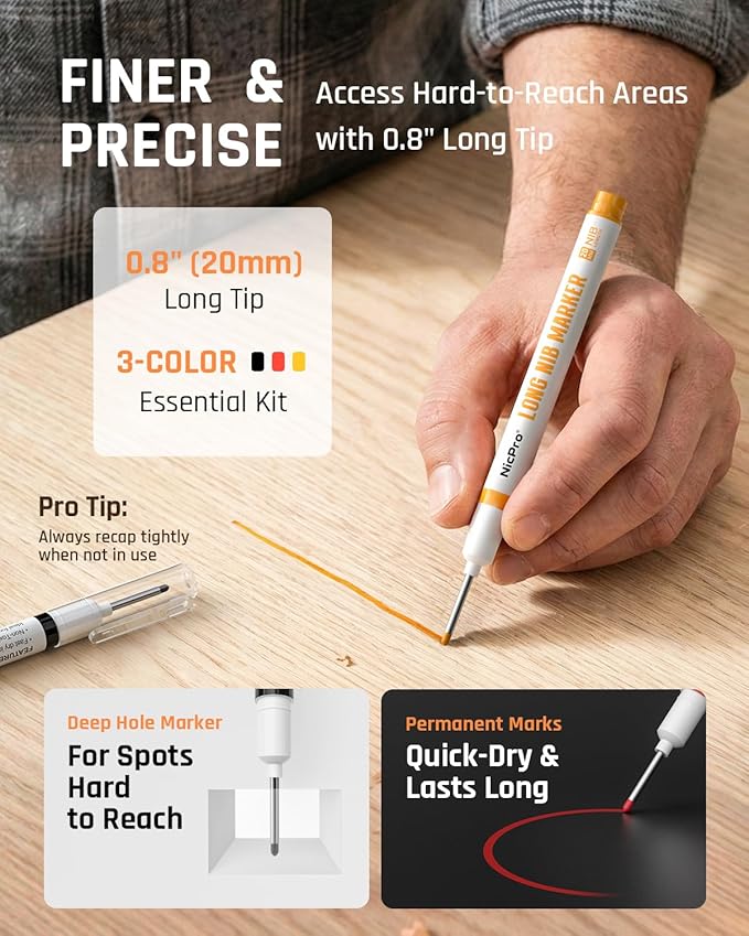 Nicpro 3 Pack CP1000 Carpenter Pencils with Sharpener, Mechanical Carpenter Pencil with 39 Refills, Deep Hole Long Nib Marker Pens for Construction, Heavy Duty Woodworking Pencil for Architect Marking