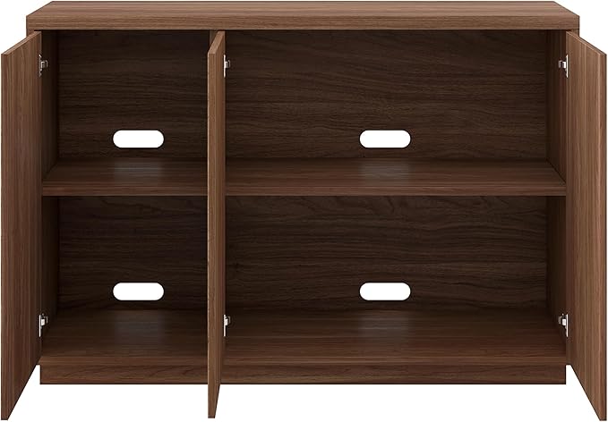 Henn&Hart 47.5'' Fluted Sideboard Buffet Cabinet, Ribbed Modern Wooden Credenza with 3 Doors, Adjustable Shelves, and Cable Management Cut-Outs for Dining Room, Kitchen or Living Room, Satin Walnut
