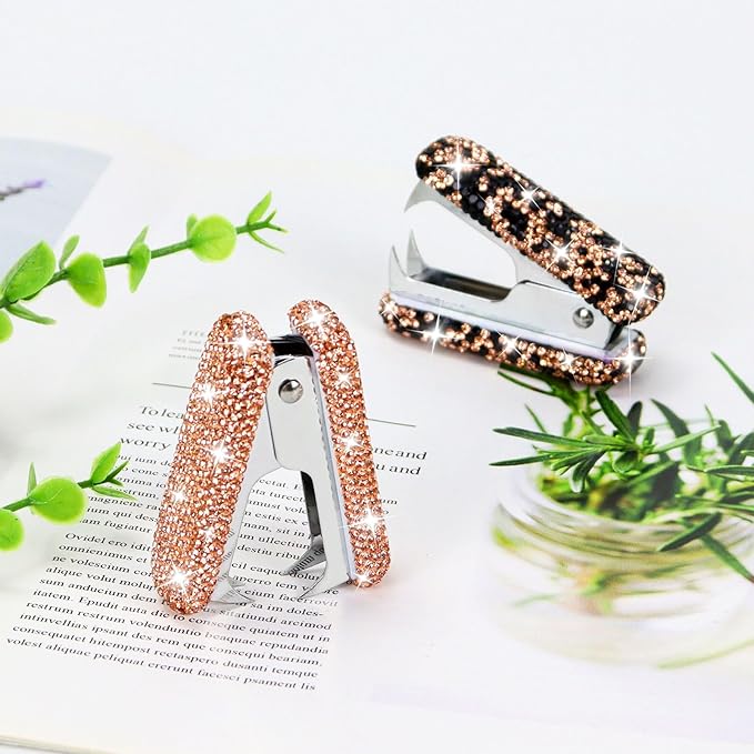 Multibey Rhinestone Staple Remover, Handmade Bling Crystal Gold Cute Staple Remover Tool for Desk, Dazzling Staples Puller Tool Mini Office Supplies & Desk Accessories for Women Office (2 Pcs)