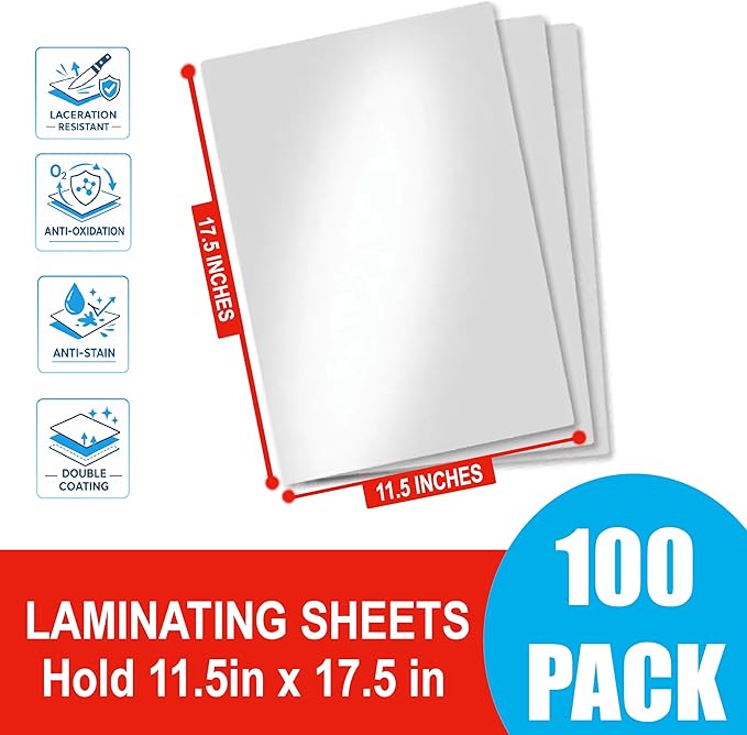 3MIL Thermal Laminating Sheets (100 Count) 11.5x17.5 inch, Legal Size Dry-Erase Friendly Laminating Pouches, Compatible with Laminator, Crystal Clear Laminated Finish