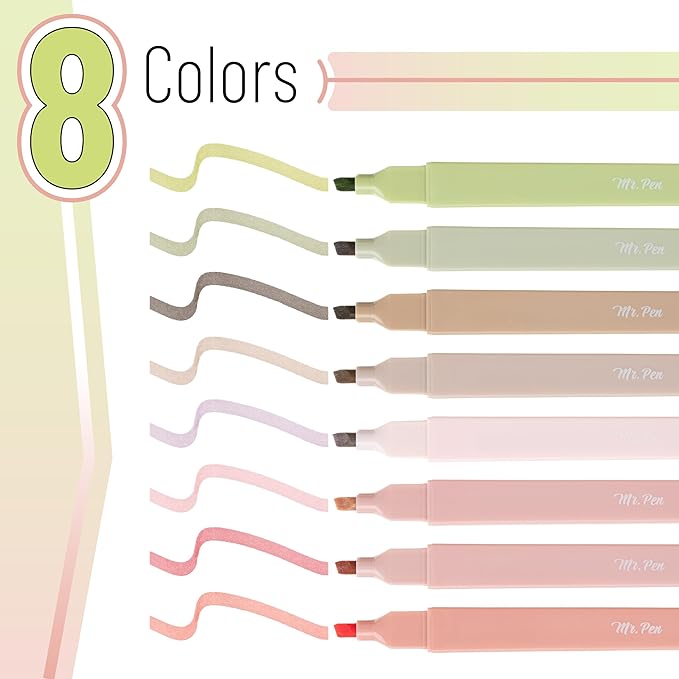 Mr. Pen- Aesthetic Highlighters, 8 pcs, Chisel Tip, Boho Colors, No Bleed Bible Highlighter Pastel, Assorted Colors, Cute (Pack of 2)