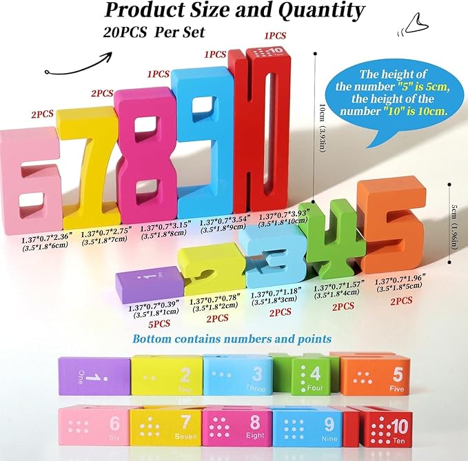 20PCS Wooden Number Building Blocks, Montessori Toys Math Learning Toys for Kids Digital Educational Counting Toys Learning Toys for Parent-Kids Interaction Social Skills Creative Games for Ages 3+