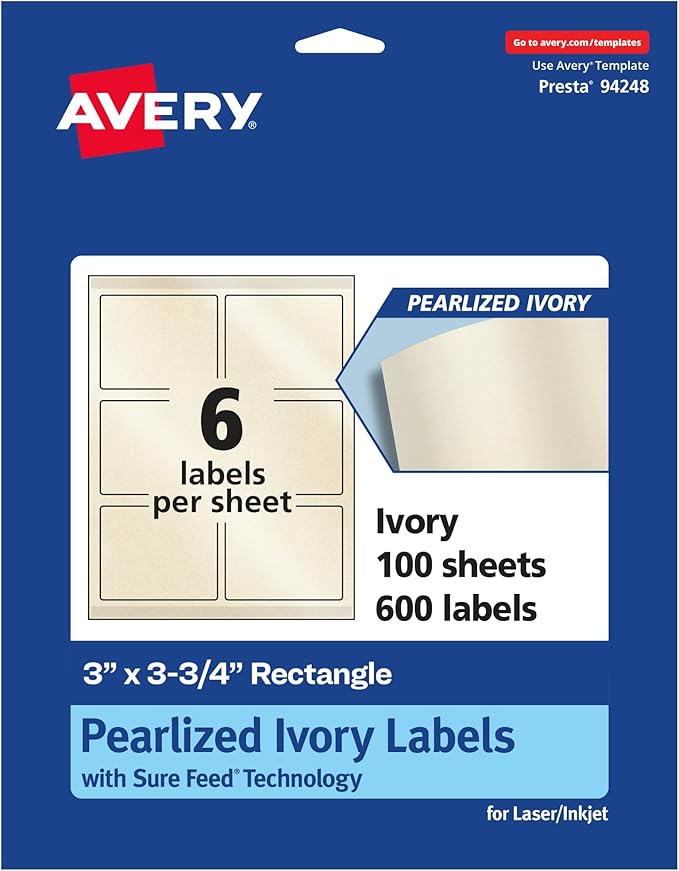 Avery Pearlized Ivory Rectangle Labels, Sure Feed Technology, Print-to-The-Edge, 3" x 3.75", 600 Pearlized Ivory Labels, Laser/Inkjet Printable