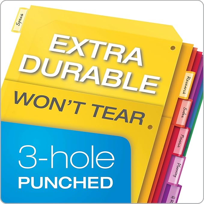 Oxford Plastic 2 Pocket Binder Dividers, 8 Tab 1/8 Cut, Multicolor Large Tab Set, Insertable Dividers with Paper Inserts, Letter Size, 3 Sets (89603)