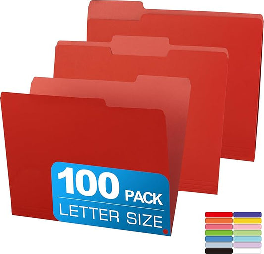 Two-Tone File Folder 8.5 x 11 Inch,100 Pack Red File Folders,1/3 Cut Tabs File Folder Letter Size,Colored File Folders,Manila File Folders for Office,School and Home,Organization