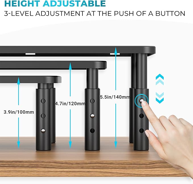BONTEC Monitor Stand 2 Pack Height Adjustable Metal Riser with Pen Holder, Black, 14.5” x 9.1”, Ergonomic Desktop Stand for Computer, Printer, Laptop, Adjustable Desk Riser with Cable Management
