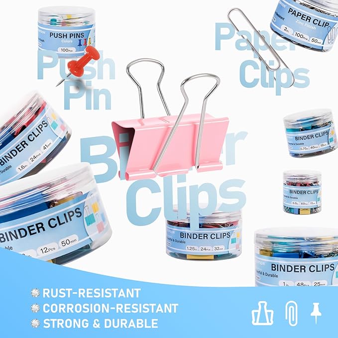 408 PCS Binder Clips Paper Clamps Assorted Sizes and Push Pins, Binding Paperwork Clamp Bulk, School Teachers Office Supplies (Multicolor)
