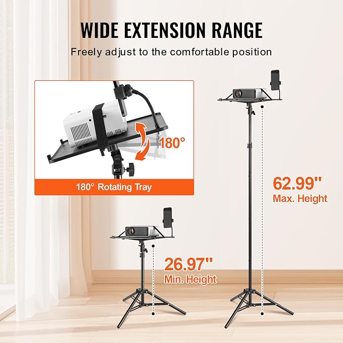 VEVOR Projector Stand, Laptop Stand Tripod Adjustable Height 26.97 to 63 in, Portable Projector Tripod with Tray & Gooseneck Phone Holder, for Outdoor Movies, Home, Office, Stage or Studio