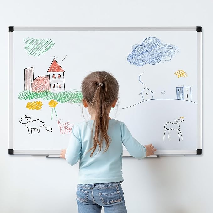 DUMOS Magnetic White Board Kit for Wall 48" x 24", Dry Erase Board with 1 Dry Eraser & 2 Multicolor Markers & 4 Magnetic Pins, Silver Reinforced Aluminum Frame for Home, School, Office