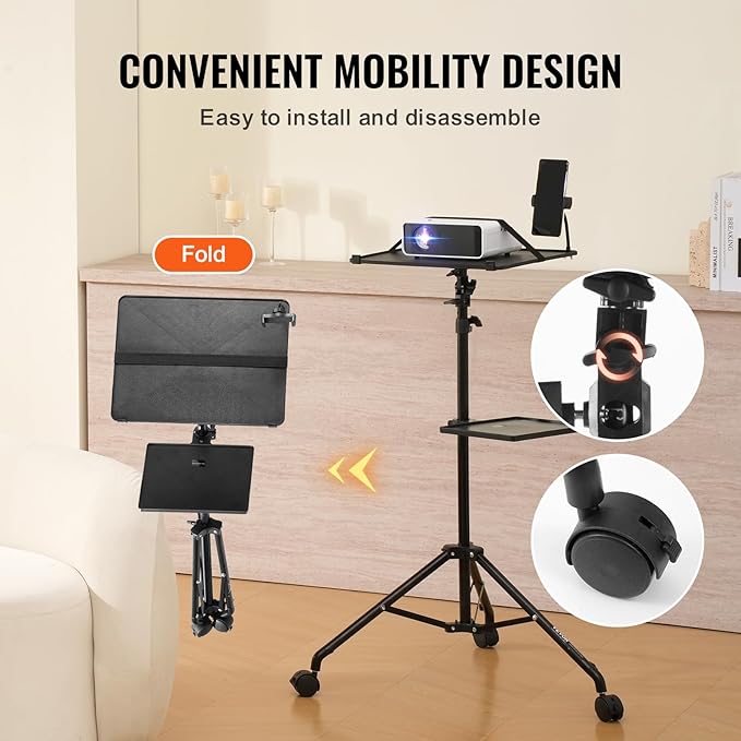 VEVOR Projector Stand with Wheels, Laptop Stand Tripod Adjustable Height from 31.3 to 67.3", Projector Tripod Stand with 2 Trays & Gooseneck Phone Holder, for Outdoor Movies, Home, Office or Studio