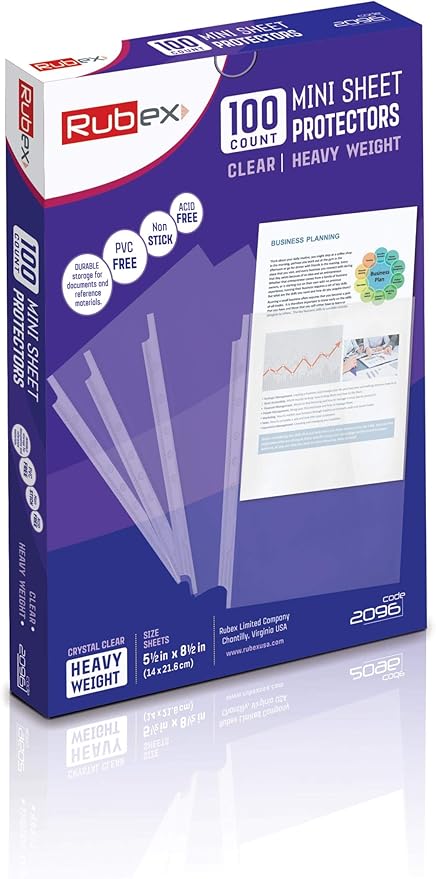 RUBEX Mini Heavyweight Sheet Protectors - 100 Sheets | Top Loading, Reinforced 7-Hole 5.5 x 8.5 Inch | Mini Ring Binders for Page Protectors, Acid-Free, Archival Safe for Documents and Photos