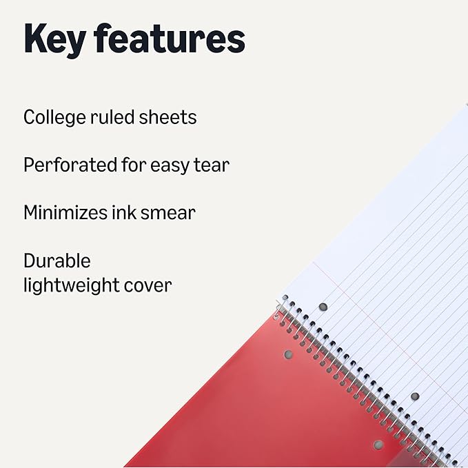 Amazon Basics 1 Subject College Ruled Spiral Notebook, Poly Cover,100 Sheets, 9" x 11", Assorted Primary Colors, 3 pack
