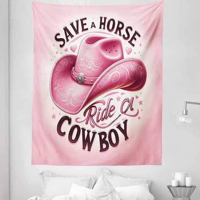 Ambesonne Funny Tapestry Twin Size, Humorous Feminine Design with Hat and Save a Horse Ride a Cowboy Lettering, Wall Hanging Bedspread Bed Cover Wall Decor, 68" X 88", Pink and Seal Brown