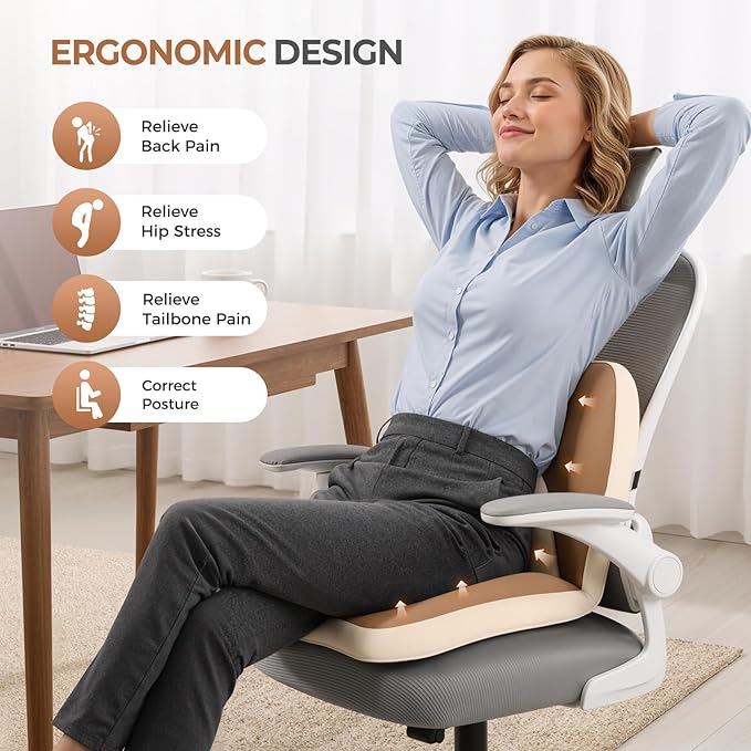 FLORICH 2 in1 Truck Seat Cushion and Lumbar Support Pillow Memory Foam Car Seat Cushion with Adjustable Strap for Truck Driver Long Drives, Fits Semi Truck Seat,Car,Office&Gaming Chair(Brown)