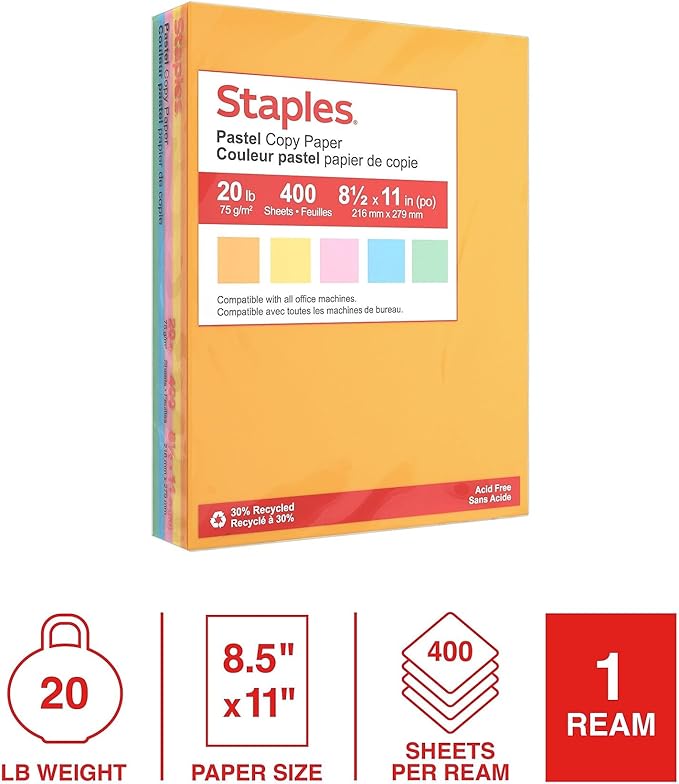 Staples Recycled Pastel Multipurpose Paper, 20 lbs., 8.5-inch x 11-inch, Assorted, 400 Sheets/Pack