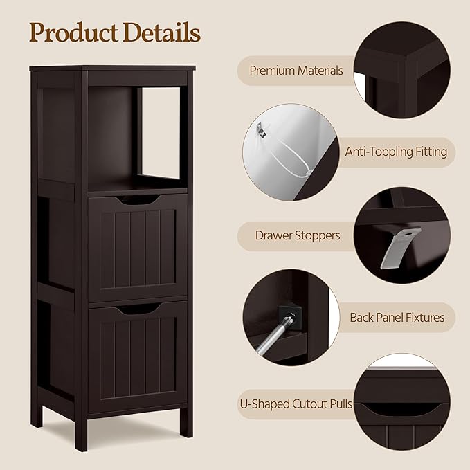 Yaheetech Bathroom Floor Cabinet, Wooden Storage Cabinet with 2 Drawers and 1 Shelf, Multifunctional Side Organizer Rack Stand Table, D11.8xW11.8xH35 Inches Espresso
