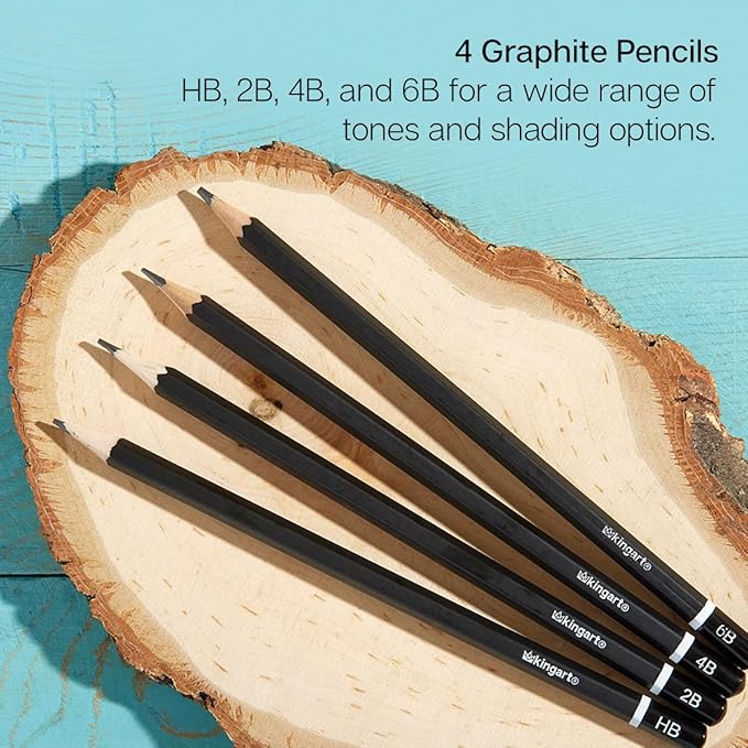 KINGART 13-Piece Sketching & Drawing Set – Complete Artist Kit with Graphite, Charcoal & Pastel Pencils, Blending Tools & Eraser in Portable Case – Art Supplies for Beginners & Professional Artists