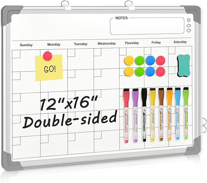 Whiteboard Calendar Dry Erase Calendar for Wall, 16" x 12" Small Magnetic Dry Erase Board Hanging Double-Sided, Calendar Whiteboard for Drawing, Kitchen, Planning, Memo, Home, Office