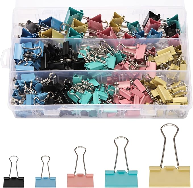 180 Pack Colored Binder Clips Bulk, 4 Size Assortment Includes Large, Medium, Small, Mini Metal Clips (1.26”, 1”, 0.75”, 0.6”), Heavy-Duty Metal Paper Clamps for Office & School Supplies