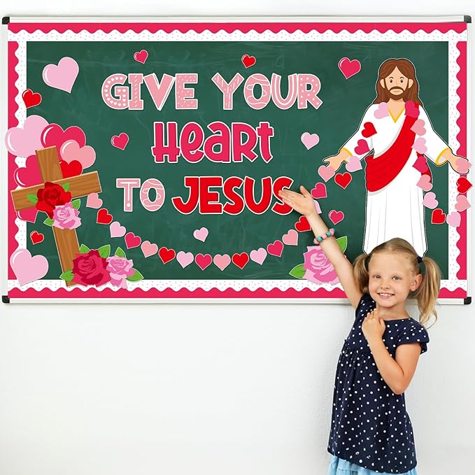 Valentine's Day Jesus Bulletin Board Set Valentines Religious Christian Classroom Decorations Give Your Heart to Jesus Love Heart Rose Cross Paper Cutouts for Sunday School Home Chalkboard Wall Decor