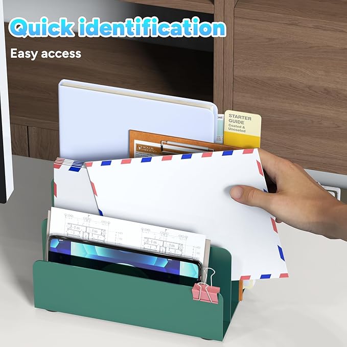 Mail Organizer Countertop, Small Desk File Organizer, Metal File Holder - Essential Workspace Organizers for Office Desk, Home Office (Green)