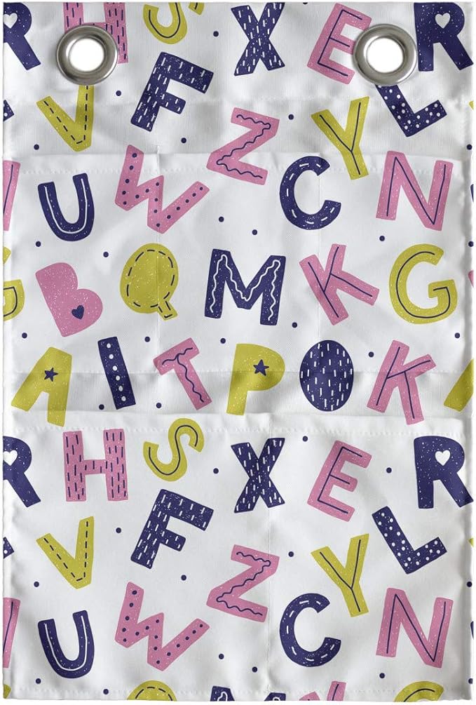 Ambesonne Alphabet Hanging Pocket Organizer, Geometric with Hearts Stars and Mini Polka Dots, Printed Polyester Storage Bag with Pockets, 14" x 20", Yellow Green Pastel Pink