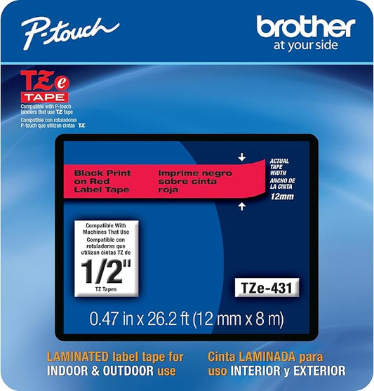 Brother Genuine P-touch, TZe-431CS, 0.47” x 26.2’, Black on Red Laminated Label Tape