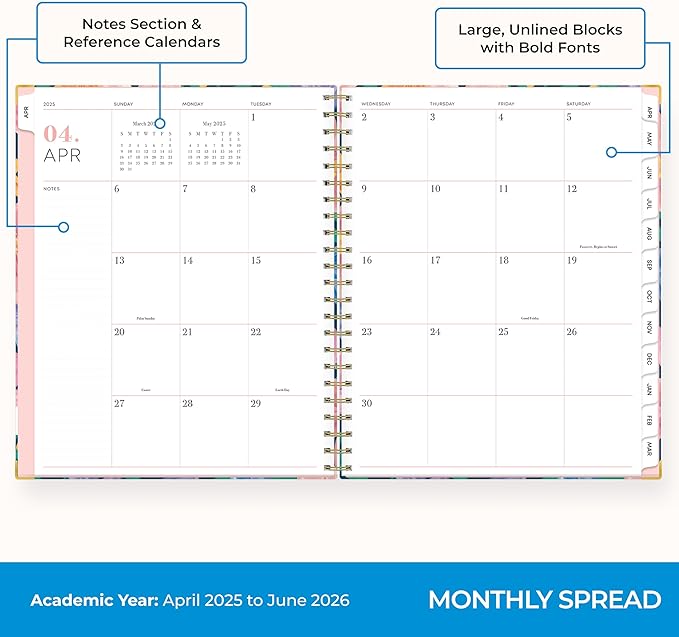 Blue Sky 15 Month Weekly and Monthly Academic Year Planner Calendar, April - June, Hard Cover, Wirebound, Laminated Tabs, Storage Pocket, Includes Snap-in Ruler w/Sticky Notes & Sticker Sheet (Nerina- 2025/2026, 8.5" x 11")