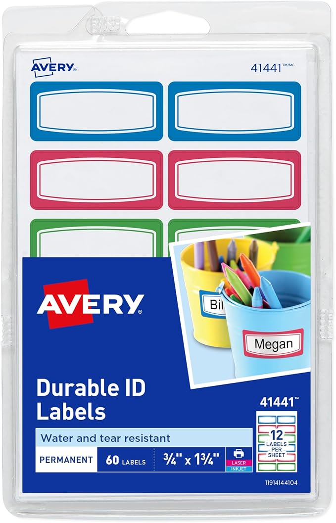 Avery(R) Durable Labels for Kids' Gear, 3/4" x 1-3/4", Assorted Border Colors, Water-Resistant, 60 Rectangle Labels Total