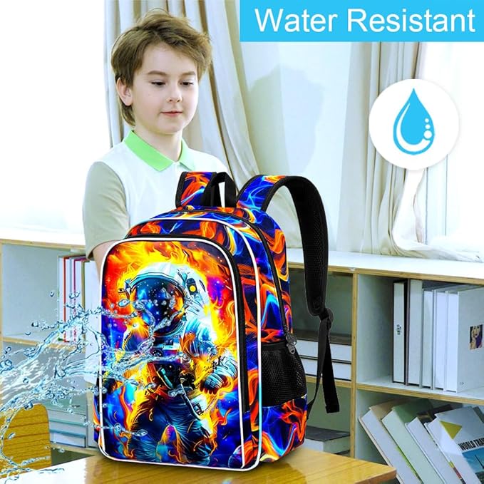 KLFVB 3PCS School Backpack for Kids, 17" Astronaut Backpack and Lunch Box, Water Resistant Teenagers School Backpacks for Middle Elementary - Flame Space Adventure