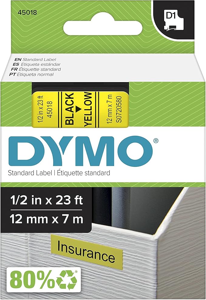 DYMO Standard D1 43610 Labeling Tape (Black Print on Clear Tape, 1/4'' W x 23' L, 1 Cartridge), DYMO Authentic