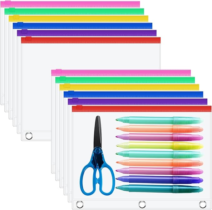 Lincia 24 Pack Clear Pencil Pouch for 3 Ring Binder Pencil Case with Zipper 3 Ring Binder Pocket Insert Bag 10 x 7'' Visible Cash Envelope with Re-enforced Grommet for Office (Colorful,Clear)