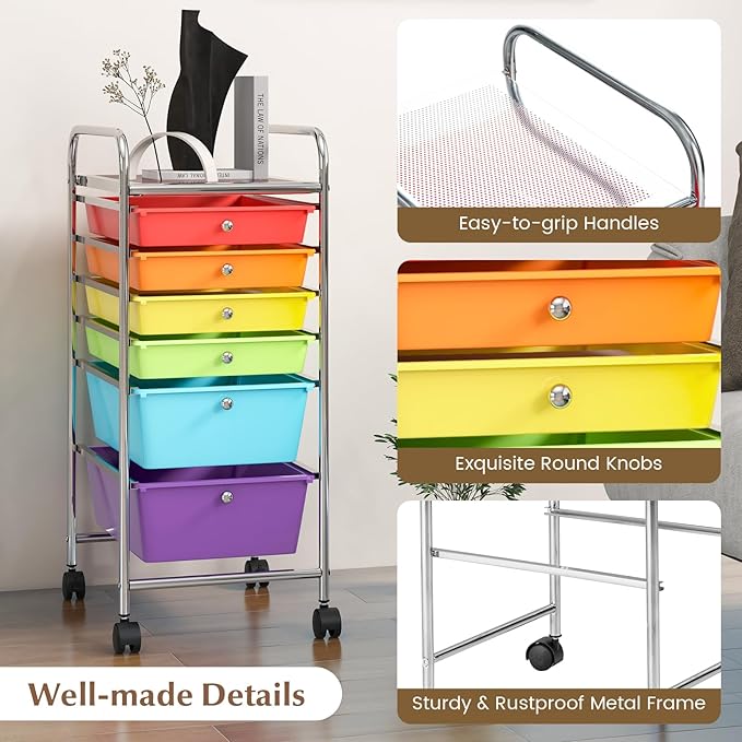 COSTWAY 6-Drawer Rolling Storage Cart, Multifunctional Art Craft Tools Organizer on Wheels, Heavy Duty Utility Mobile Storage Trolley w/ 2 Lockable Wheels for Home Office School (Multi-color)