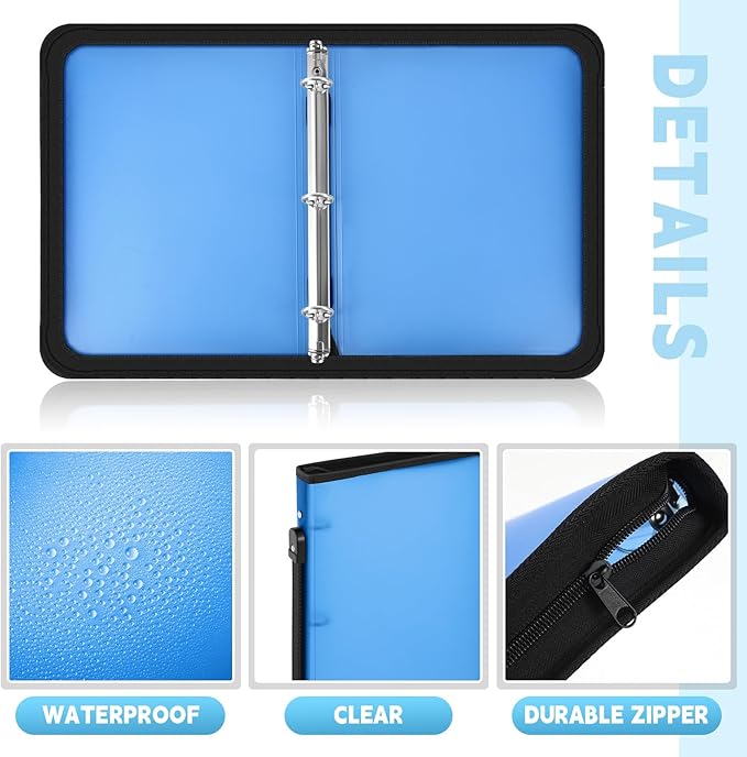 Teling 8 Pcs Plastic Zipper Binders with 3 Ring Zipper Binder, Refillable File Organizer Planner for Projects, Assignments, Memos, School Work (1 Inch,Blue)