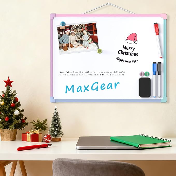 MaxGear Double-Sided Dry Erase Board for Wall, 16"x12" Hanging Whiteboard, Small Dry Erase White Board, Portable Whiteboard for Planning, Drawing, Memo, to Do List, Multi-Colorful Frame