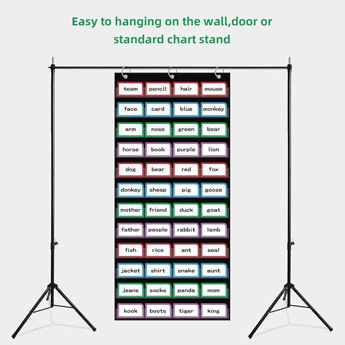 20”W x 48.25”H Classroom Words Pocket Chart with 12 Clear Pockets, Black Standard Pocket Chart for Classroom and Home for Sentence Strips, Reusable Clear Pocket Hanging Words Chart (Black)