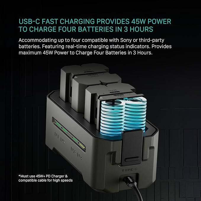 Tilta NP-FZ100 4-Slot Charging Station Compatible with Sony NP-FZ100 | 4-Slot Fast USB-C Charger | Status Indicators | Portable EDC Battery Kit | 2 Batteries | Green