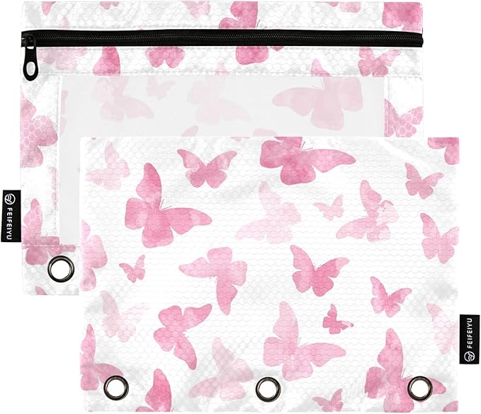 Butterfly Pencil Pouch Flip Folder 3 Rings,Binder Zipper Pouch with Clear PVC Window for Family,Office 2 Pack