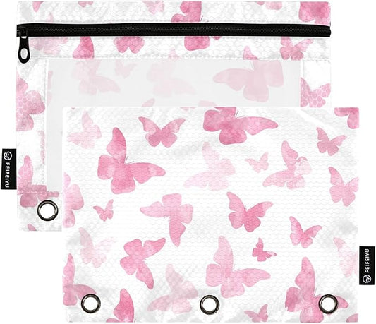 Butterfly Pencil Pouch Flip Folder 3 Rings,Binder Zipper Pouch with Clear PVC Window for Family,Office 2 Pack