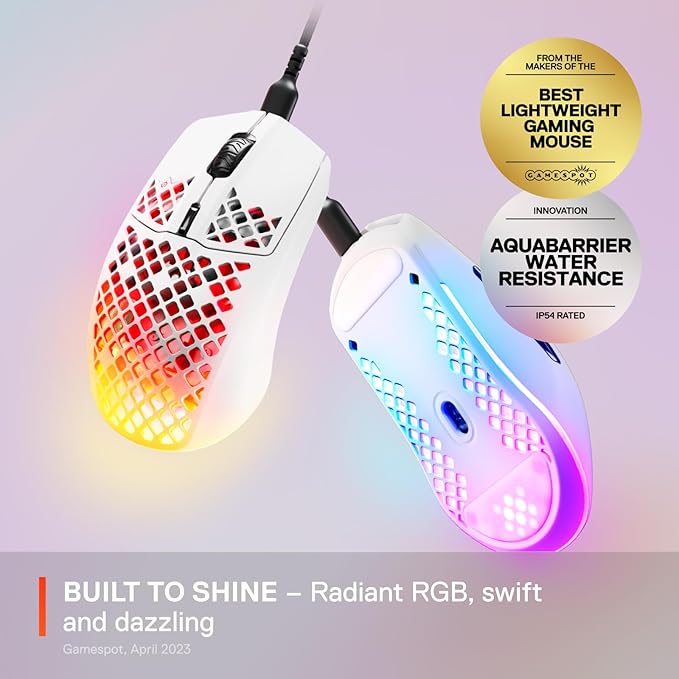 SteelSeries Aerox 3 - Holey RGB Gaming Mouse - Ultra-lightweight Water Resistant Design - 8,500 DPI TrueMove Core Optical Sensor - Snow