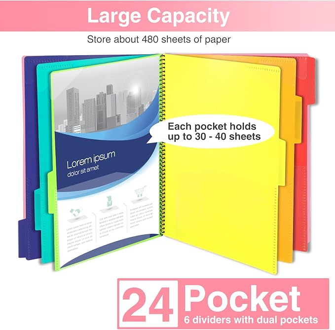 Forvencer 24 Pocket Project Organizer, 1/3-cut Tab Binder Organizer with Sticky Labels, Multi Pocket Folder with Zipper Pouch, Folder Binder Spiral Pocket Notebook, Office Supplies