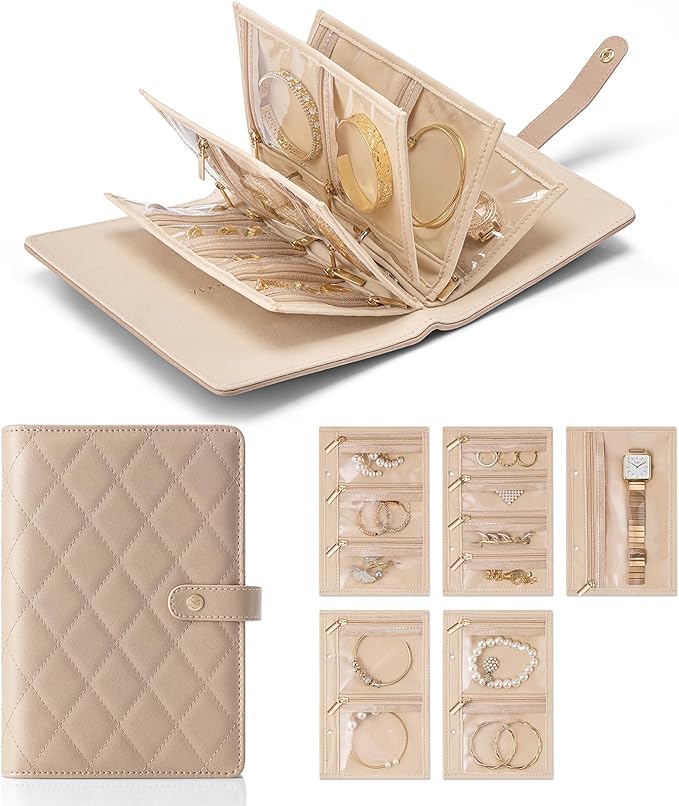 Vlando Travel Jewelry Organizer Case,Jewelry Storage Book Ring Binder with Clear Zipper Velvet Pouch Bag for Traveling,Rings,Necklace,Earrings,Bracelets,Brooches-Toffee