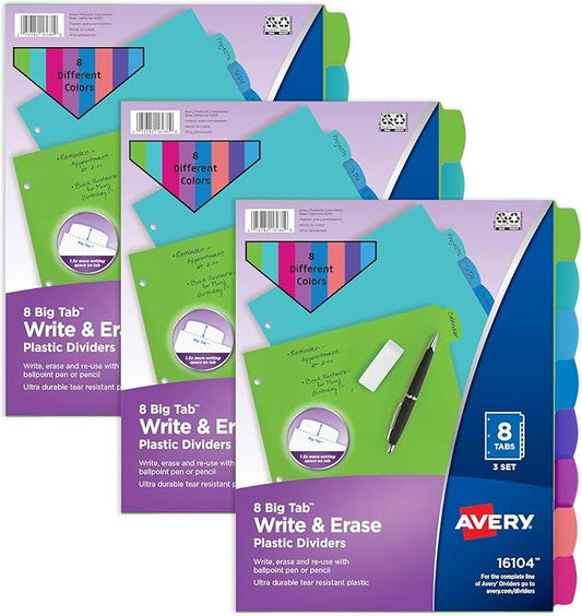 Avery Write & Erase 8 Tabs Pastel Plastic Divider for 3 Ring Binders, 3 Sets (8 Colors)