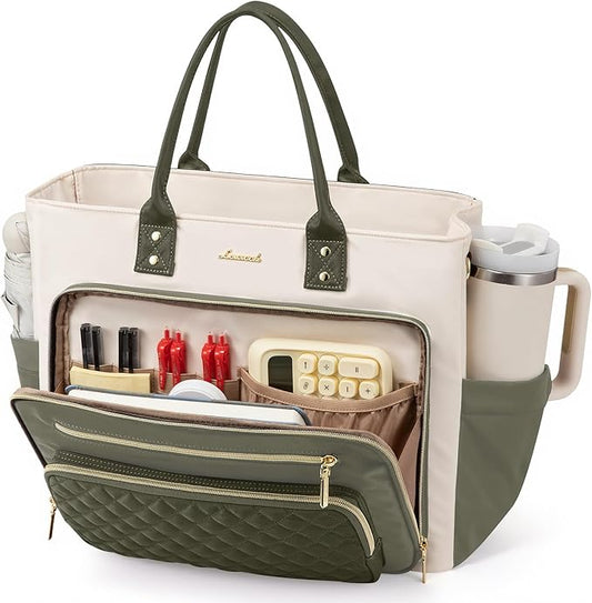 LOVEVOOK Lunch Bag for Women, Large Capacity Insulated Tote with Laptop Compartment, Leakproof Work Bag with Cup Holder for Nurse Teacher fit 15.6 Inch Laptop, Water Resistant Crossbody Handbag