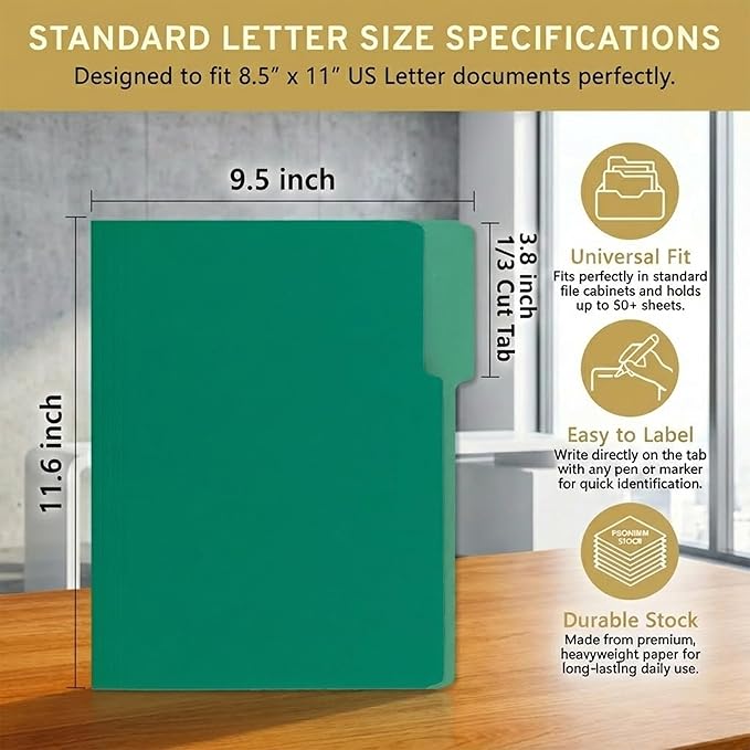 100 Packs File Folders,Green Folder,1/3-Cut Tabs,File Folders Letter Size,8.5x11 Inch File Folder for Office,School and Home,Organizer Documents