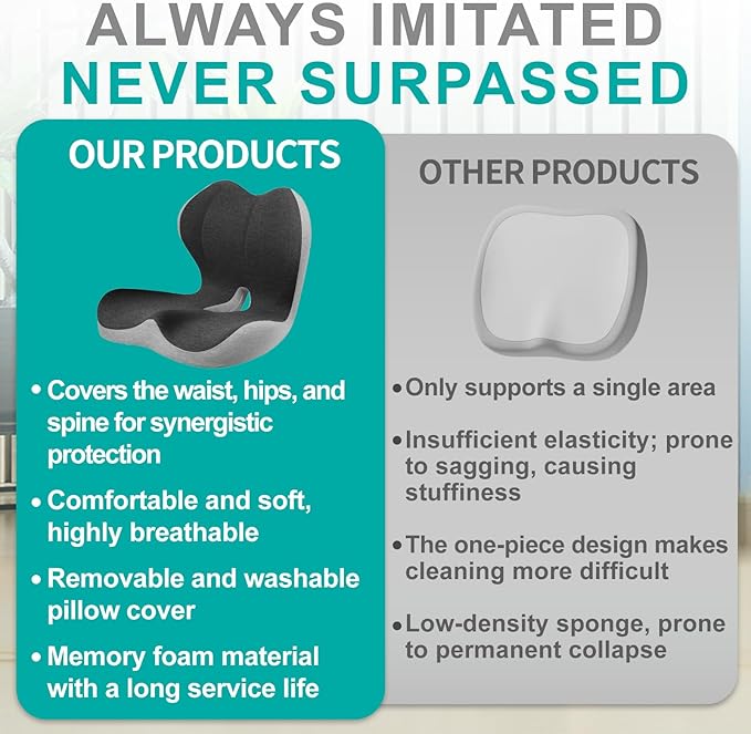 Seat Cushion for Office Chair, Car and Wheelchair Use, with Lumbar Support Pillow and Memory Foam Coccyx Cushion for Tailbone Pain, Back Pain, Sciatica and Hemorrhoid Relief, Ergonomic seat Cushion
