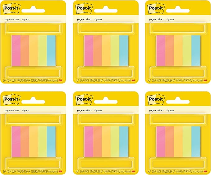 Post-it Page Markers Sticky Tabs for Books/Documents, Assorted Rainbow Colors, (670-5AF) 0.5 in x 1.75 in (12.7 mm x 44.4 mm), 50 Sheets/Pad, 5 Pads/Pack, 6-Pack