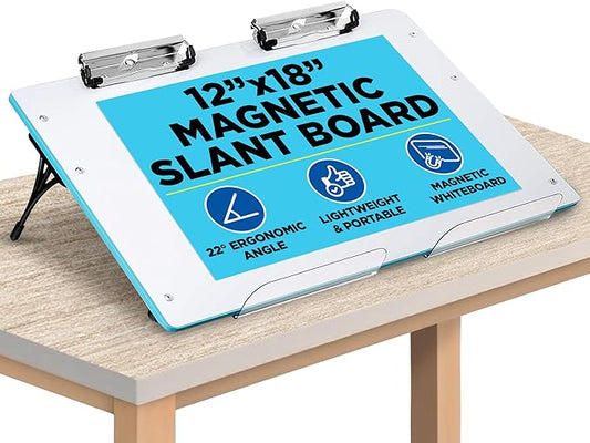 Visual Edge - Slant Board for Writing – Adjustable Magnetic Whiteboard & 22° Angle Ergonomic Desk for Reading, Writing, Drawing and Studying – Portable Tabletop Stand for Students and Teachers - Blue