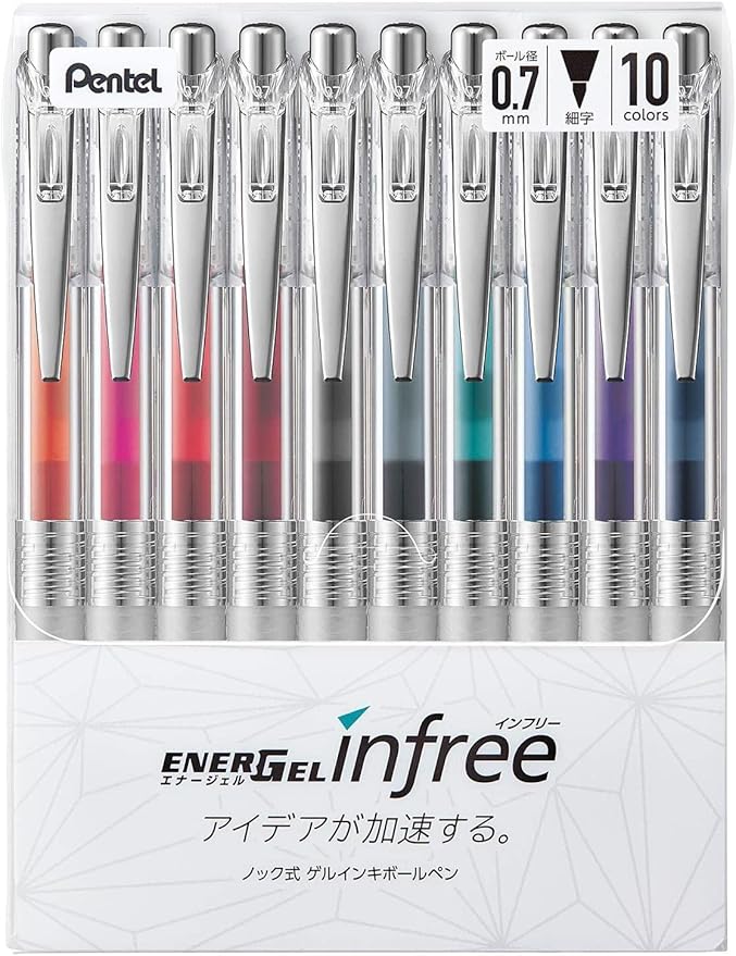 Pentel EnerGel Ink Ballpoint Pen (EnerGel Infree), 0.7mm ball, 10 Color Set (BL77TL-10)