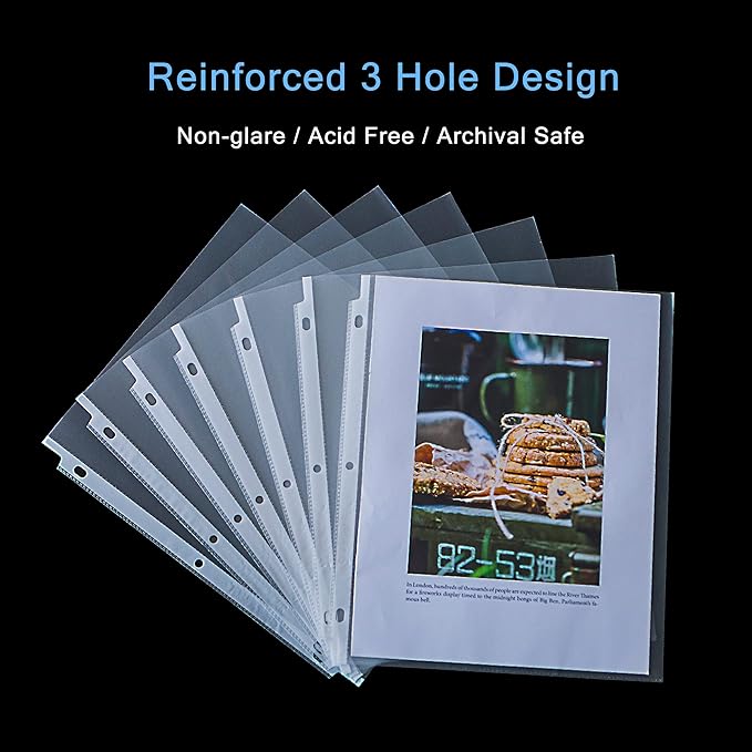 Seashell 200PCS Heavy Duty Non-Glare Sheet Protectors, Letter Size Page Protectors Reinforced 3-Hole, Plastic Sleeves for 3 Ring Binder, Top Loading for 8.5 x 11 Inch Sheets